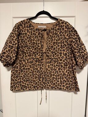 Abercrombie & Fitch Leopard Print Tie-Front Puff Sleeve Top - Brown/Black